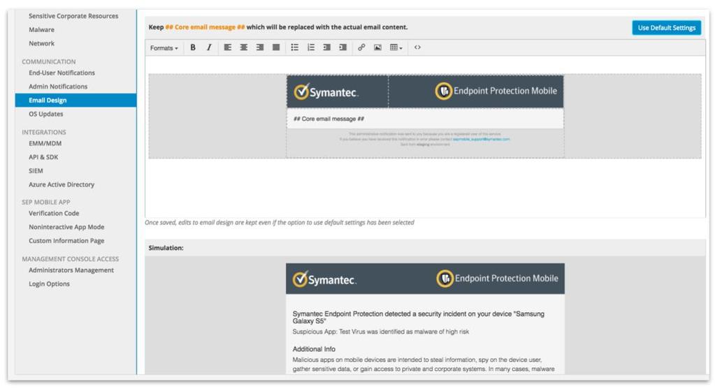 Overall design of the email message, including styles, logo, headers, custom subject for end-user email alerts etc.