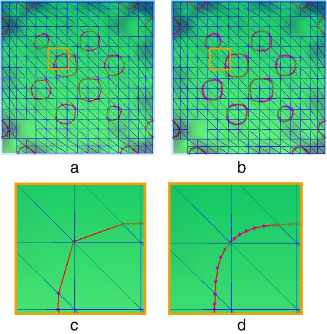 565 a Evaluated after direct mapping the intersection points onto the NURBS surface A. b Results before/after refinement respective. Fig. 18. Intersection results with different δ 0 and ε 0.