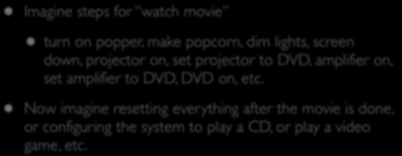 Facade Example (II) Imagine steps for watch movie turn on popper, make popcorn, dim lights, screen down, projector on, set projector to DVD, amplifier on, set