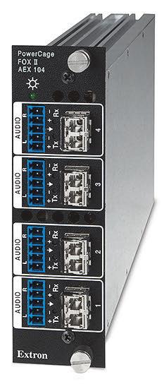 Each input port extracts the two channel audio signal from a FOX II or FOX Series transmitter to provide analog balanced or unbalanced stereo audio, and retransmits the original fiber optic signal to