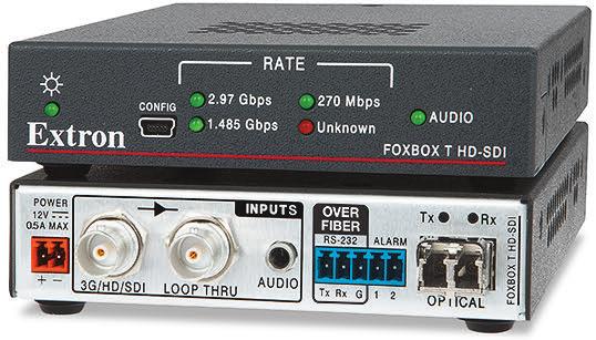 FIBER OPTICS FOXBOX T HD-SDI Fiber Optic Transmitter for 3G-SDI, Stereo Audio, and RS-232 The Extron FOXBOX T HD-SDI Fiber Optic Transmitter converts 3G-SDI, HD-SDI, and SDI video for use with FOX