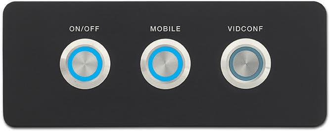 Three-button contact closure remote control panel for Extron switchers or control modules with contact closure ports Switches can be individually configured for latching or momentary operation LED