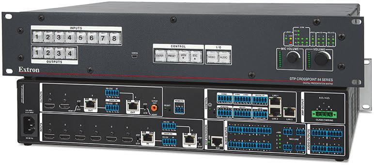 DTP SYSTEMS DTP CrossPoint 84 8x4 Scaling Presentation Matrix Switchers with DTP Extension The Extron DTP CrossPoint 84 is a 4K, 8x4 matrix switcher with HDMI and DTP twisted pair inputs and outputs,