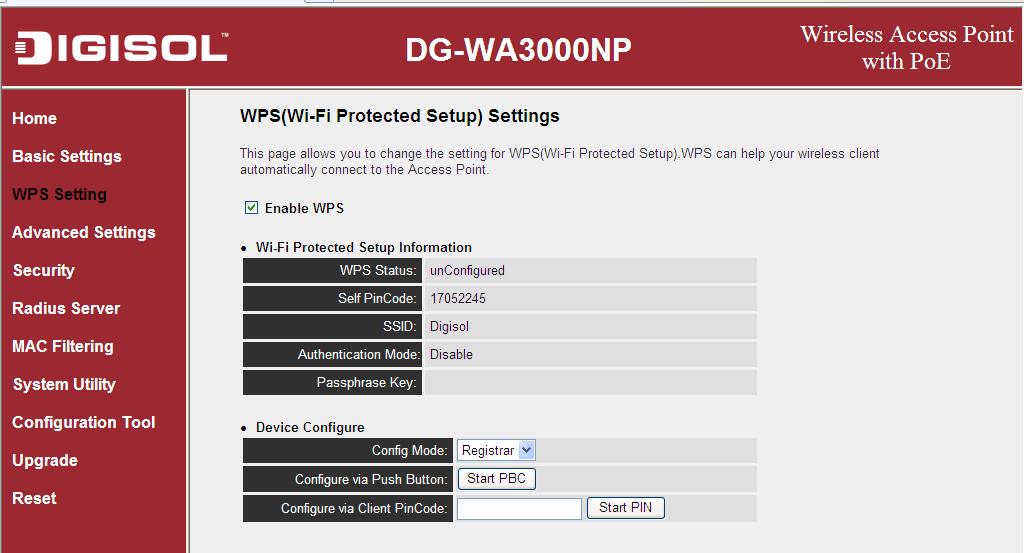 To use WPS function to set encrypted connection between this Access Point and WPS-enabled wireless client by WPS, click WPS Setting on the left of web management menu, and the following information