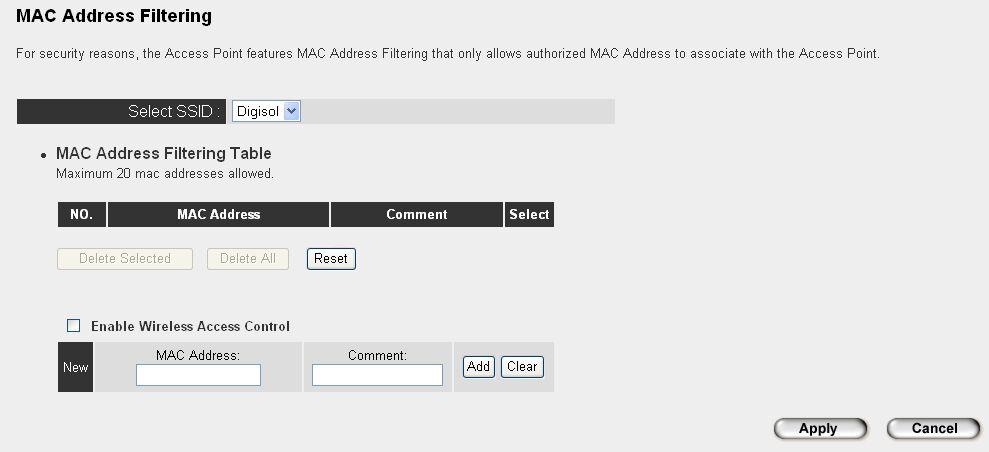 The following messages will be displayed: Address filtering table (1) This page contains two parts of MAC filtering information.