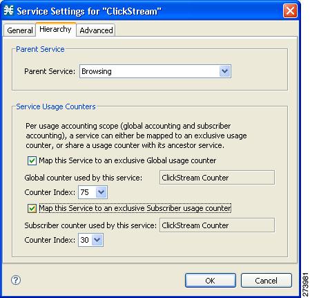 Figure 8 Service Settings Step 13 Click the Hierarchy tab (see Figure 9) and check the two check boxes to add a dedicated service counter to the ClickStream Service.