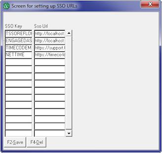 Outbound Menu Setup Figure 7: Screen for setting up SSO URLs 5. Click F2-Save. Outbound Menu Setup There are different setups required for each of the PrismHR products.