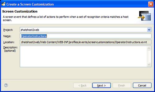 2. Use the Actions dialog to define the action to be performed when the host screen is recognized, as shown in Figure 21. a. In this case, Apply a transformation is already selected.
