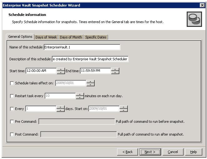 Scheduling or creating a snapshot set for Enterprise Vault Scheduling a new snapshot set 39 Select the General Options tab and specify the following.