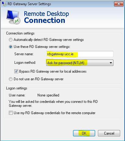 3. Select the Use these RD Gateway server settings: radio button and in the Server name field enter rdsgateway.ucc.
