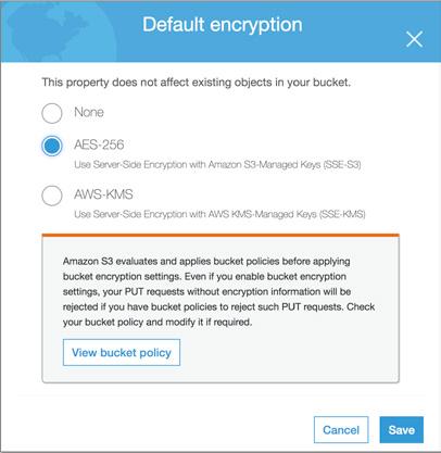 Enabling Encryption on the Newly Created S3 Bucket Encryption must be enabled on the S3 bucket in order for CloudSnap to work.