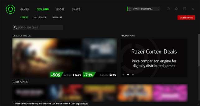 FINDING DEALS Razer Cortex is a one of a kind software that allows you to search for amazing games at excellent prices.