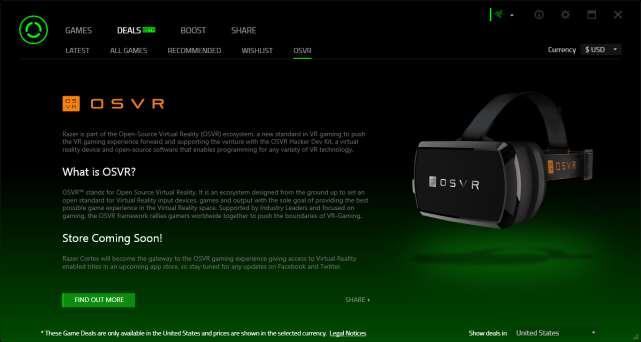 The OSVR section currently gives information on the Open Source Virtual Reality project, supported by Razer.