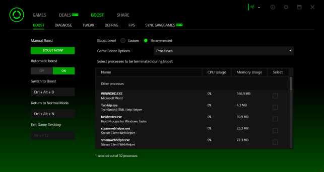 ADJUSTING BOOST SETTINGS When Boost is toggled on (either by launching a game or by manually activating boost), Razer Cortex suspends a number of processes and services that were running on your