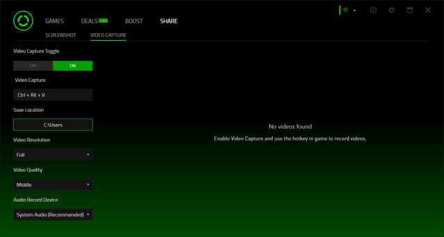 VIDEO CAPTURE Record video footage of gameplay to share with friends or use as tutorials to help other gamers. Easily manage and view all of your game videos right from the Razer Cortex interface.