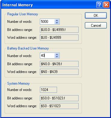 43 3.3.4. Setting up Internal Memory You can use the Internal Memory dialog box to define the size of the regular user memory and the battery backed user memory.