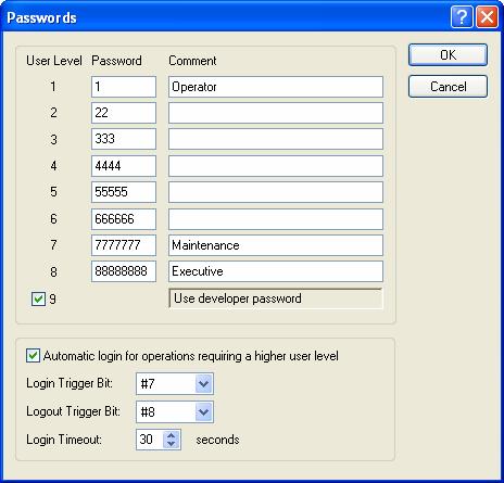 3 3.8. Setting up Passwords This section describes how to set up passwords for the panel application using the Passwords dialog box. The following is an example of the Passwords dialog box.