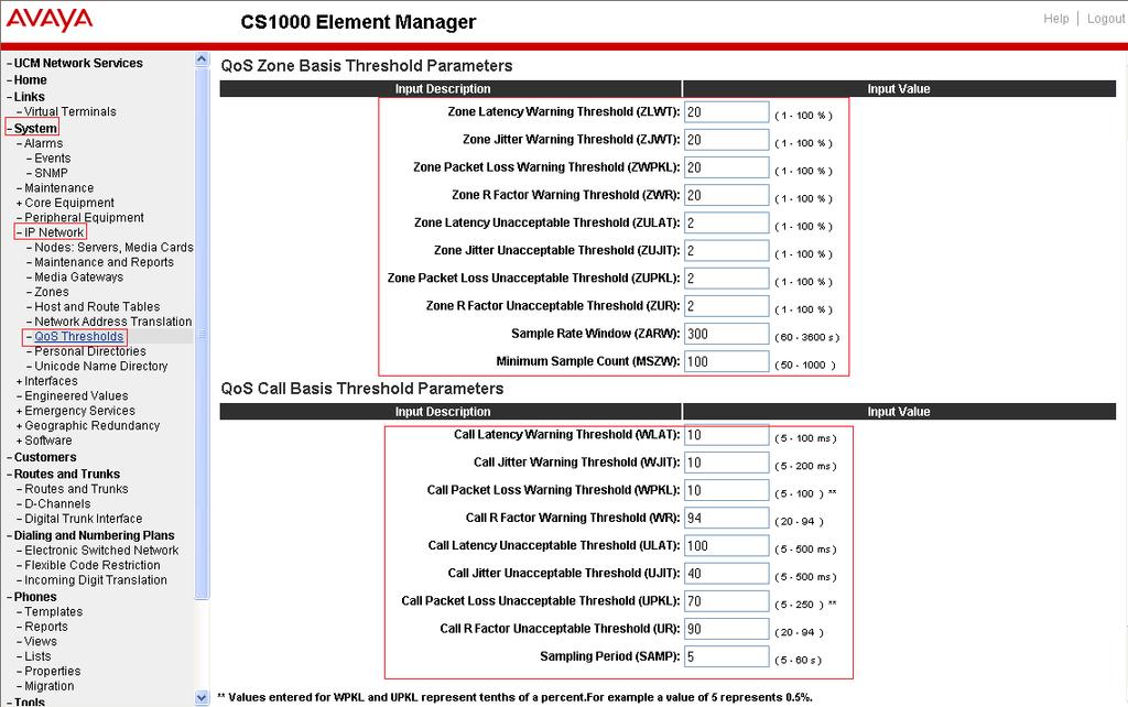 5.2. Setting QoS Zone and Call Basis Threshold Parameters Access the Communication Server 1000 Element Manager via the Unified Communication Manager or System Manager (not shown).