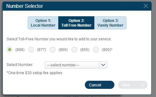 Select the tab Option 1: Local Number, provide City or Area Code, and choose from among the available numbers 5.