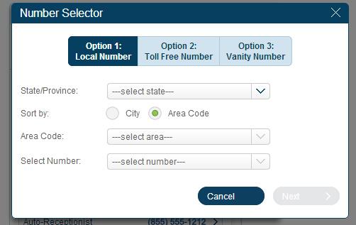 If you select the tab Option 1: Local Number, provide City or Area Code, and choose from among the available numbers.