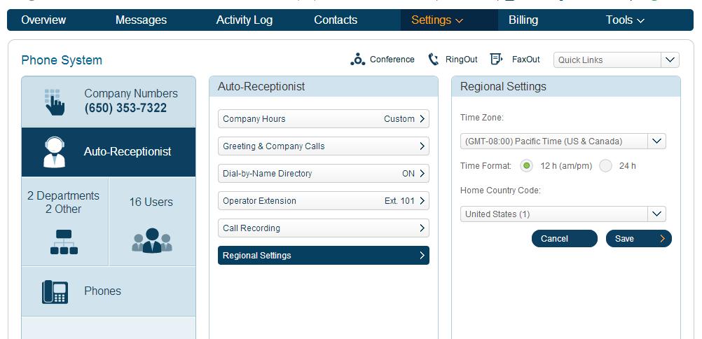 Regional Settings Add a time zone, time format, and home country area code at the User or Company level. To set regional settings for the Company: 1.