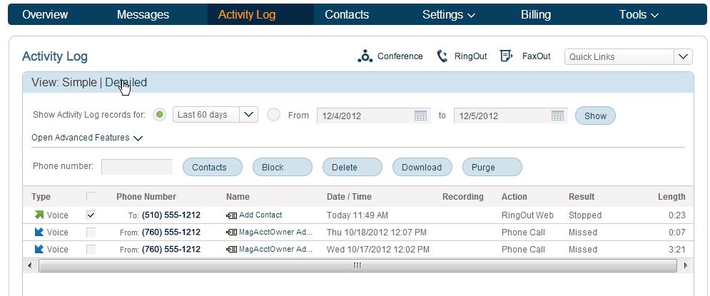 RingCentral Office@Hand from AT&T Start-up Guide for Administrators Overview Activity Log Contacts The Activity Log provides customized reports on inbound and outbound calls and faxes for the company