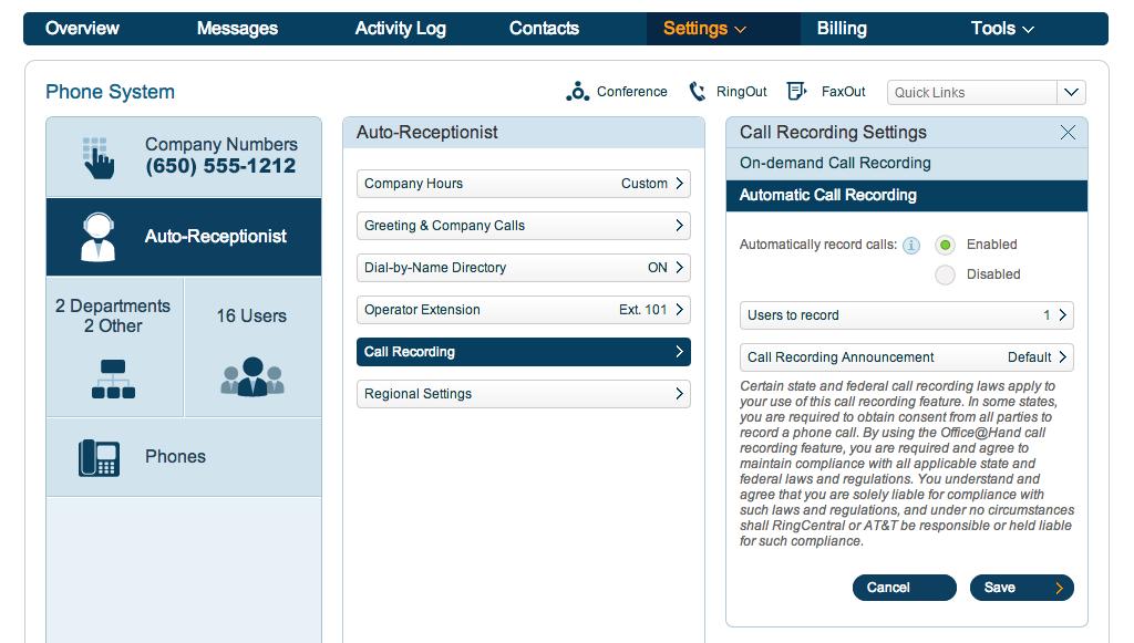 To enable Automatic Call Recording, go to Settings > Phone System and click the large Set Company Call Recording button on the right side of the screen.