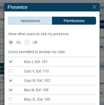 Users (and Administrators) can click Permissions in the Presence panel of their account and choose whether to allow others to see their Presence status that is, whether their numbers/extensions are