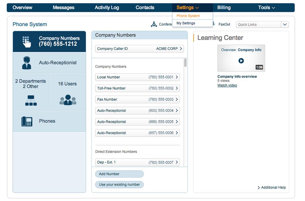RingCentral Office@Hand from AT&T Start-up Guide for Administrators Overview Settings Company > Phone System The Phone System screen is where you will be making changes and updating your company s