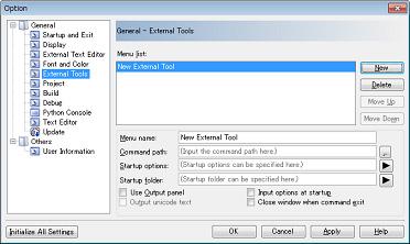 [General - External Tools] category Use this category to register external tools that can be launched directly from CS+, and configure these external tools when they are so launched.