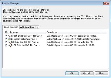 [Basic Function] tab This tab is used to set the build tool and debug tool plug-ins to be read in when this product is started. Figure A.