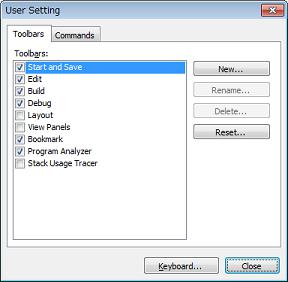[Toolbars] tab You can set whether toolbars are displayed or not, change toolbar names, and make new toolbars. Figure A.