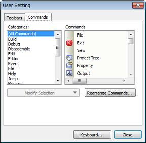 [Commands] tab You can customize items to include on a toolbar or a menu. Figure A.56 User Setting Dialog Box: [Commands] Tab (1) (2) (3) [Function buttons] The following items are explained here.