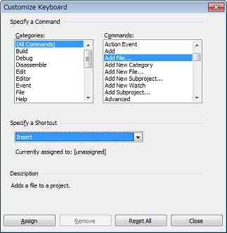 Customize Keyboard dialog box This dialog box is used to assign shortcut keys to the various commands. Figure A.