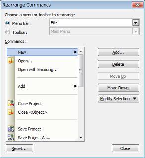 Rearrange Commands dialog box This dialog box allows you to change the arrangement (including addition and deletion) of menu items and buttons in the Main window. Figure A.