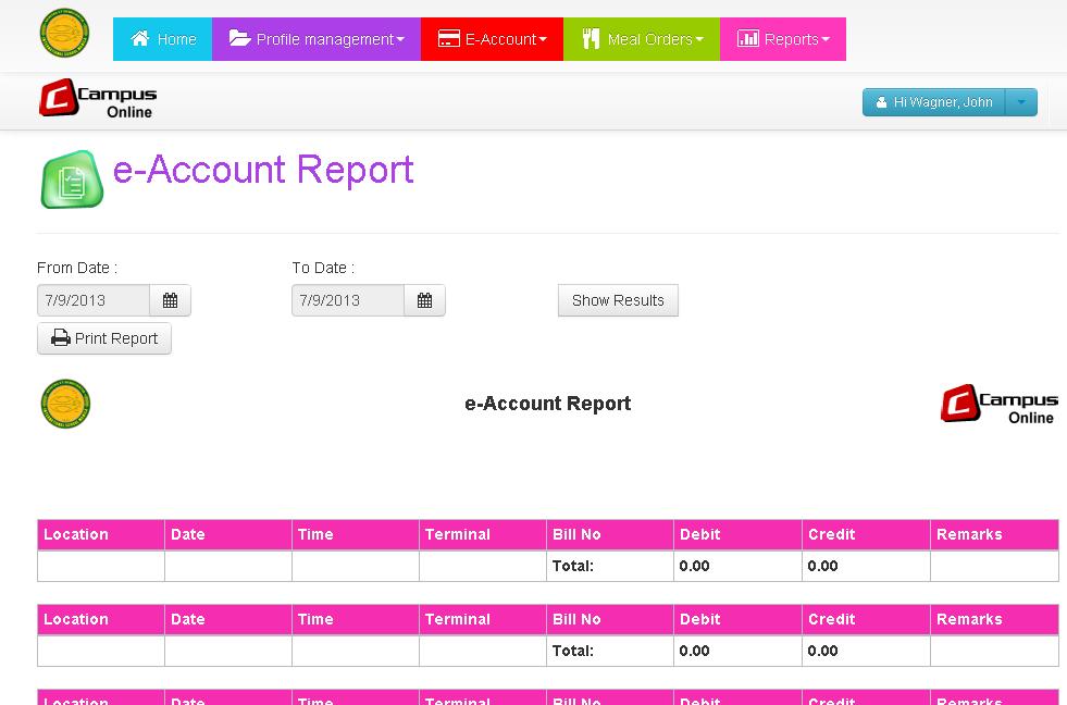 e-account Report 1. On the home page, click the Reports tab, and then the e-account Report option. 2.