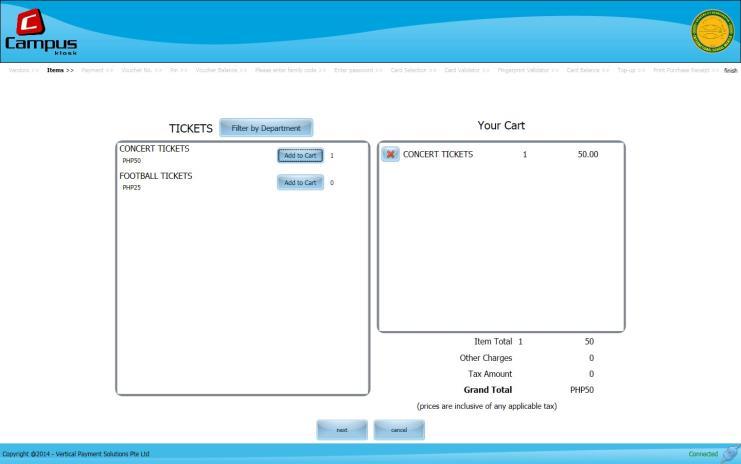 Tickets 1. From the Main Screen Menu, select Kiosk Purchases option. 2. Select ISM from the list of vendors, and then select Next. 3.