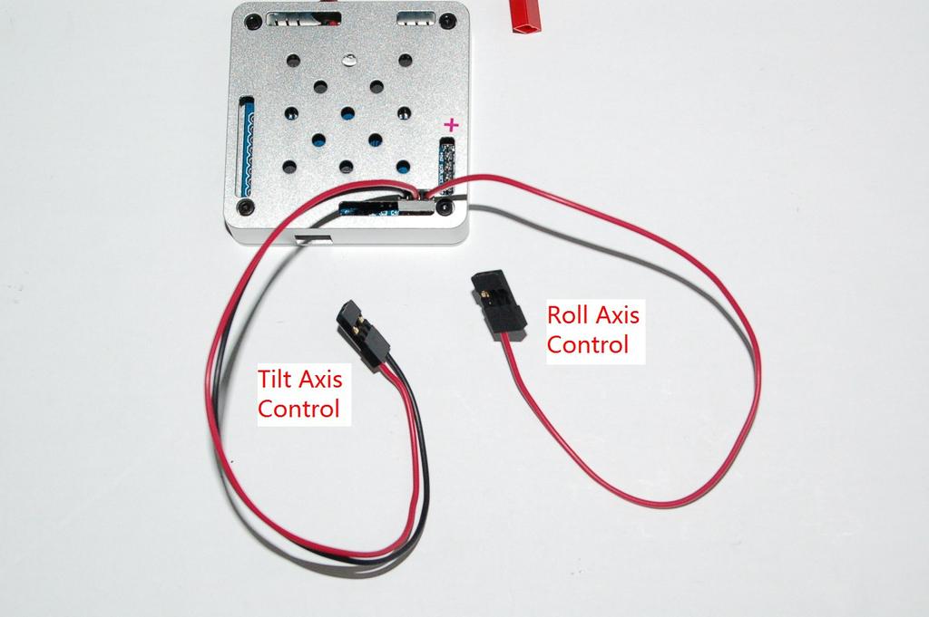 Tilt Axis is controlled with 2-wire connector(black=ground, Red=Signal), and the Roll Axis is