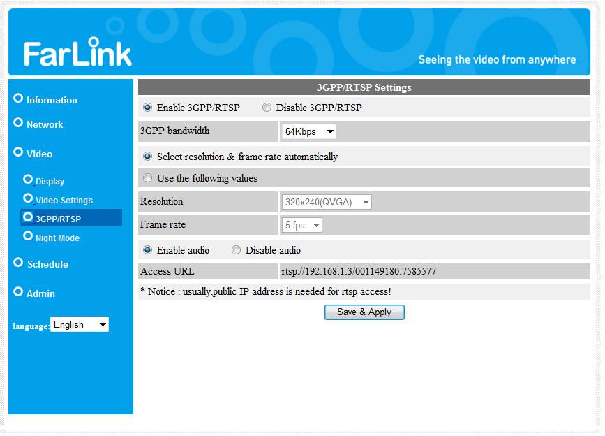 3.7. 3GPP/RTSP settings The Farlink IP Camera is able to be viewed from a 3G mobile phone, for detailed settings on the 3G mobile phone, please refer to Appendix E.