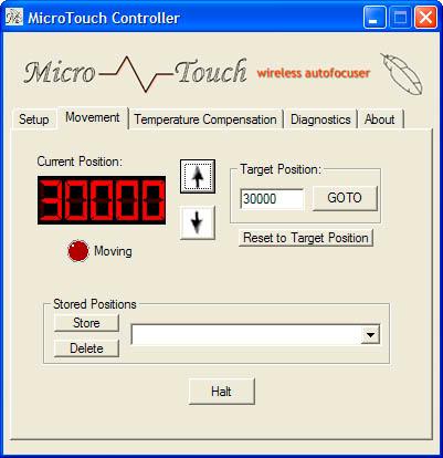 Movement Menu The Movement menu is the main window for controlling the MicroTouch Autofocuser in manual mode. The current position of the focuser is displayed.