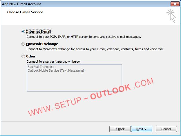 A new window will open to setup your Internet E-mail Settings. These are the most common settings BUT you should ONLY use the ones provided by your email provider. Incoming server (POP3): mail.server.com (mail.