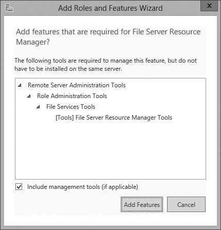7. When you are asked to add additional features, click Add Features (see Figure 5-2). Figure 5-2 Adding the FSRM tools 8. On the Select server roles page, click Next. 9.