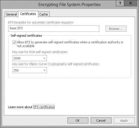 By clicking the Certificates tab (see Figure 6-8), you can specify the key size for the certificates and allow EFS to generate self-signed certificates when a CA is not available.