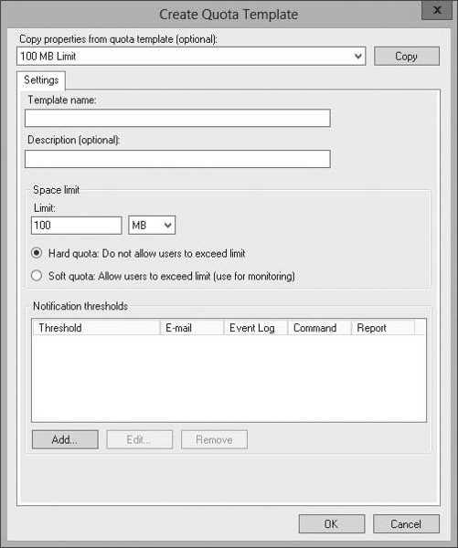 Under Quota Management, right-click Quota Templates and select Create Quota Template. The Create Quota Template dialog box opens (see Figure 5-4).