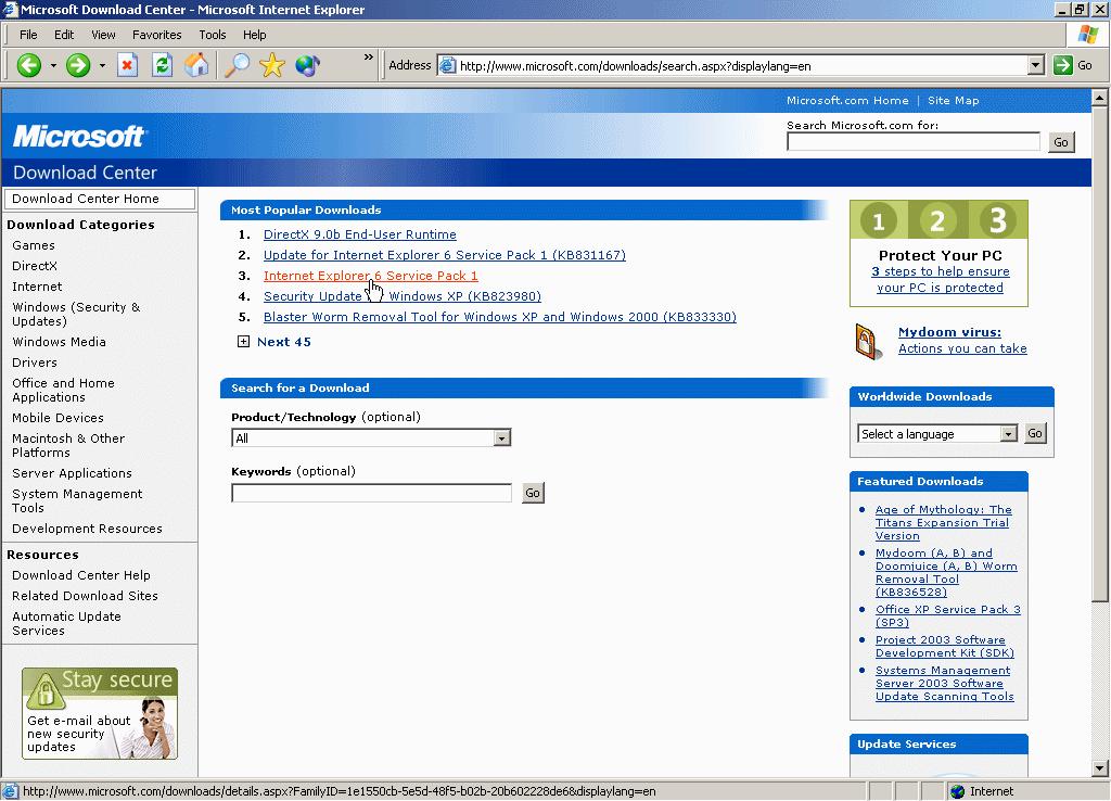 4. In your Internet Explorer address bar, link to the Microsoft website by entering http://www.microsoft.com/downloads/search.aspx?displaylang=en.