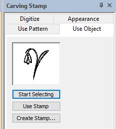 The flower now shows up in the Use Object preview window. Once you see the selected stamp lines in the Carving Stamp Preview window, press the Esc key to release the selecting tool.
