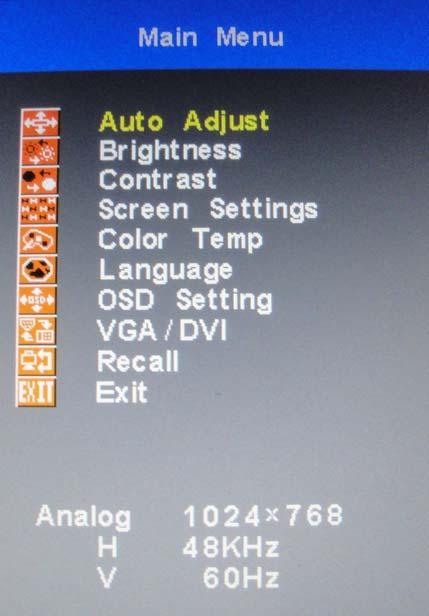 3.1 OSD Functions (IDS-3217 Series) The OSD of the IDS-3217 display (1280 x 1024 resolution) was selected to illustrate examples below: Buttons Power Menu Auto Value Up/Down Description Turn the