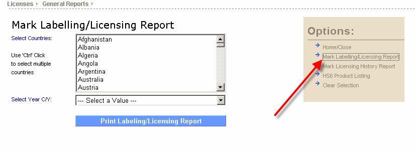 Cotton Council International Database Page 146 of 213 Mark Labelling/Licensing Report This form allows you to print out a Mark Labelling/Licensing pre-set report with the following data: Region