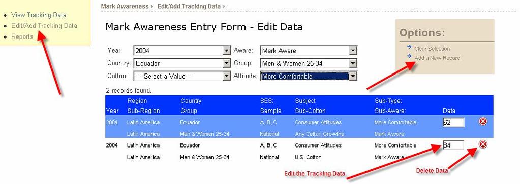Cotton Council International Database Page 177 of 213 Mark Awareness Edit/Add Tracking Data Overview The purpose of the Mark Awareness Edit Data form is to locate and edit/add Mark Awareness data.