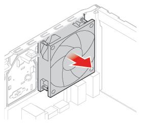 3. Replace the rear fan. Figure 131. Removing the rear fan Figure 132. Installing the rear fan 4. Connect the rear fan cable to the system board. 5. Complete the replacement.